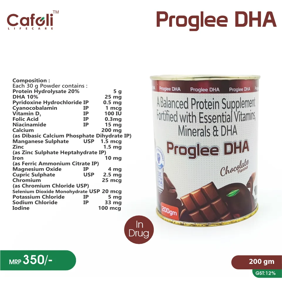 Proglee DHA Vanilla Flavour Protein Powder at the best price in PCD Pharma Franchise for Nutritional Supplement, Protein Supplementation.